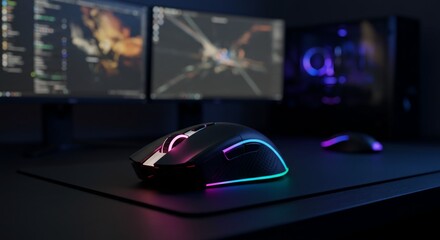 A computer mouse on a desk with two monitors showing a gaming mouse glowing on a dark rgb-lit desk with multiple monitors in background