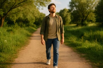 Obraz premium Young man taking a break from technology, enjoying a peaceful walk in the park during digital detox