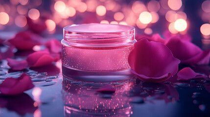 Luxurious pink serum jar surrounded by delicate rose petals and shimmering bokeh lights