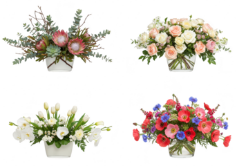 Photo of four beautiful floral arrangements in vases, isolated on transparent background, perfect for any special occasion