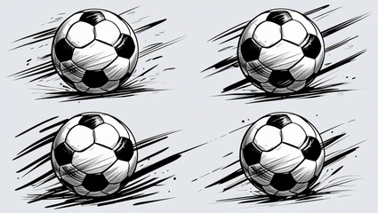 Set of Hand-Drawn Soccer Balls in Motion – Black and White Sketch Vector Illustration