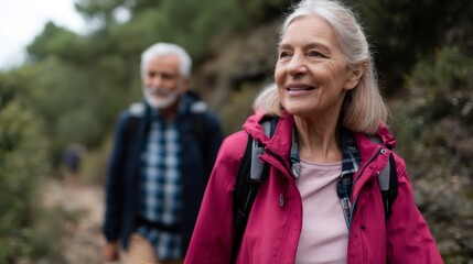 Happy senior couple hiking in nature, enjoying active lifestyle in retirement