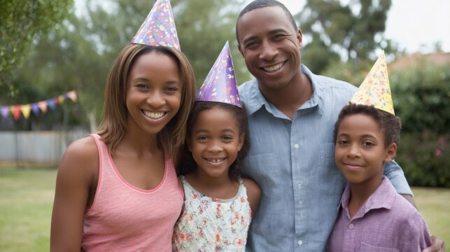 Happy family celebrating birthday party outdoors - Powered by Adobe