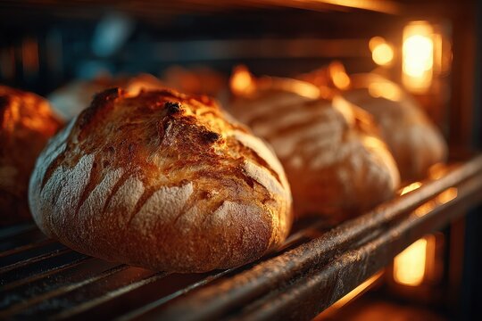Fresh artisan sourdough loaves baking inside the oven on a metal rack during daytime to achieve a crispy golden crust - Powered by Adobe