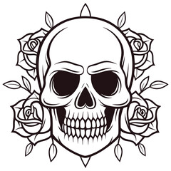 Fototapeta premium Skull surrounded by roses illustration with black outlines on a white background