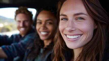 Obraz premium Friends enjoying road trip together in car