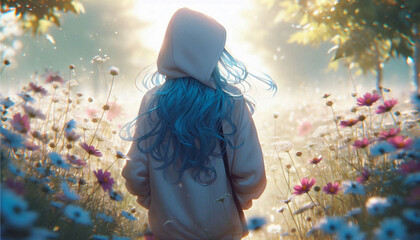 an anime woman with blue hair in a hoodie seen from the back is walking through a beautiful flower field