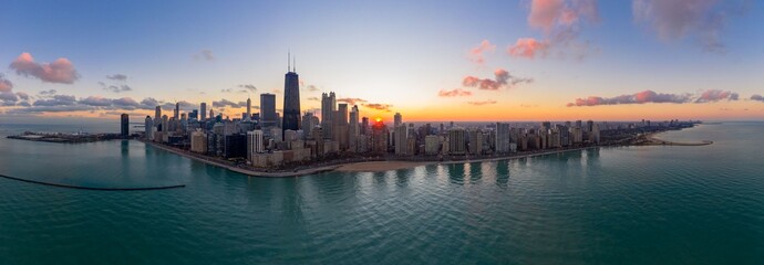 Panoramic Aerial View of Chicago Skyline at Sunset