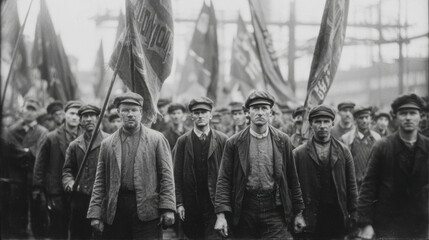 Workers gathered for a labor protest, holding banners and wearing period-appropriate clothing in a historical black and white photo