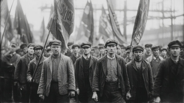 Fototapeta Workers gathered for a labor protest, holding banners and wearing period-appropriate clothing in a historical black and white photo