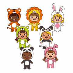 Colorful Handdrawn Various Animal Costume Child Characters Illustration