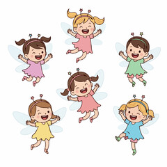 Cute Cartoon Fairy Children Flying Together Illustration Characters