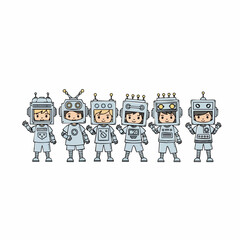 Cute Handdrawn Cartoon Robot Characters Group Illustration in Various Poses