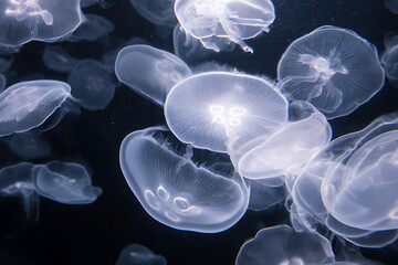 Obraz premium Moon jellyfish, known as Aurelia aurita, gracefully floating with a soft, ethereal glow. Their translucent bodies and delicate tentacles create a mesmerizing underwater spectacle