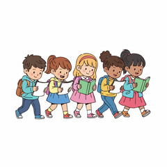 Colorful Handdrawn Children Walking Together Holding Book Illustration