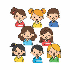 Flat Illustration Group of Smiling Kid Saying Keep Silent Pose Character