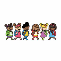 Colorful Flat Style Multiracial Children with Backpack Illustration Graphic