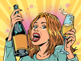 Pop Art Retro Woman rejoices with alcohol and glass. Invitation to an event to celebrate. Advertisement of a club and party.