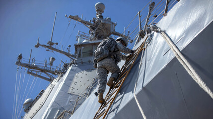 Soldier in camouflage uniform climbing ladder onto military ship against blue sky background