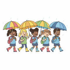 Whimsical Handdrawn Group of School Kids with Umbrellas Illustration