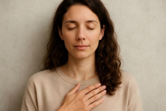 Young woman finding peace and solace, expressing gratitude and hope with closed eyes and hand on chest