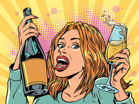 Pop Art Retro Woman rejoices with alcohol and glass. Invitation to an event to celebrate. Advertisement of a club and party.