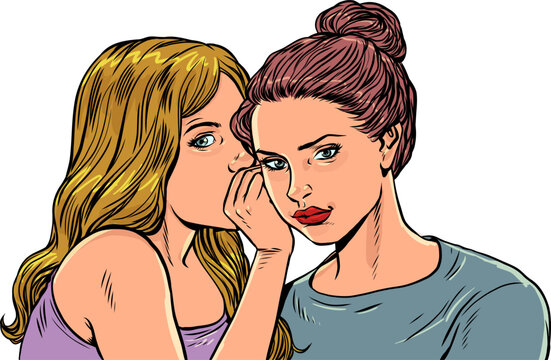 Pop Art Retro Dialogue between women in secret. Women whisper looking straight ahead. Rumors and gossip behind the back.