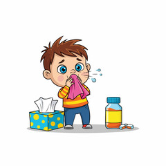 Cute Cartoon Upset Child with Cold and Flu Illustration