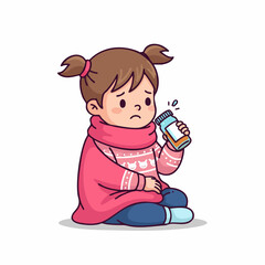 Cartoon Unwell Girl with Medicine Bottle Character Illustration
