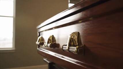 Wooden coffin with brass handles in a funeral home setting  