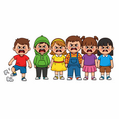 Cartoon Illustration Angry Expression Children Row Standing Together Illustration