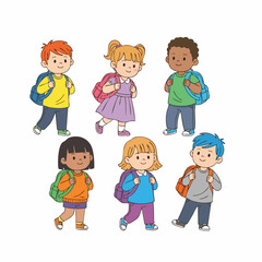 Cartoon Style Collection of Children with Backpack Illustration Graphic Elements