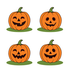 Four smiling jack-o-lanterns on green pads for halloween