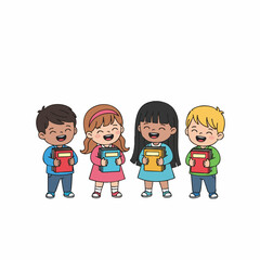Cheerful Handdrawn Group of Children Holding Books Illustration Set