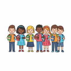 Colorful Handdrawn Diverse Group of School Children with Backpacks Illustration