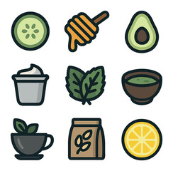 Spa Ingredients Icons. olid, filled icons set of natural spa ingredients: cucumber slice, honey dipper,