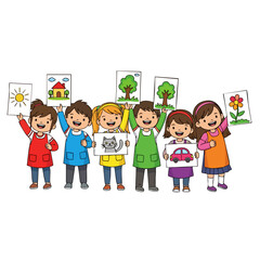 Colorful Cartoon Style Children Holding Up Their Drawings Illustration