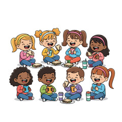 Cute Handdrawn Children Eating Together during Lunch Break Illustration