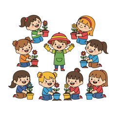 Cheerful Cartoon Diverse Group of Children Gardening with Flower Pots Illustration