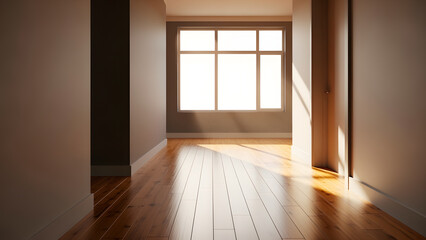Obraz premium Sunlight streams through a window, illuminating the wooden floor of an empty hallway.