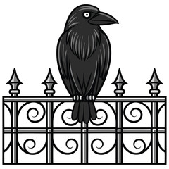 Obraz premium Black raven illustration perched atop a wrought iron gate fence on white