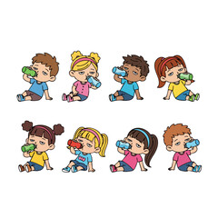 Cartoon Style Group Children Drinking Water Bottle Thirsty Illustration