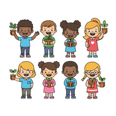 Cute Smiling Diverse Children Holding Plant in Pots Cartoon Illustration