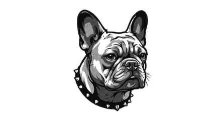 Illustration of a french bulldog with spiked collar in grayscale and detailed shading technique