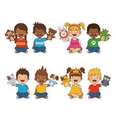 Cute Flat Illustration Children With Puppet Colorful Character Graphics