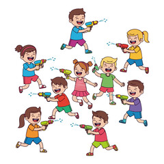 Colorful Flat Illustration Group of Kids Playing Water Gun Game Clipart