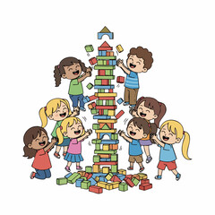 Colorful Flat Illustration Children Building Tower with Wooden Blocks Together