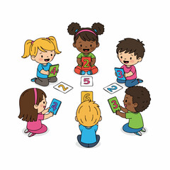 Cartoon Children Playing Card Game with Numbers Illustration