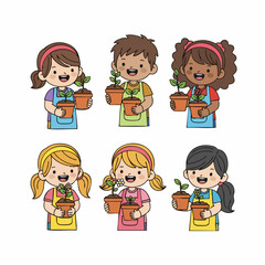 Colorful Cartoon Little Kids Holding Plants in Pots Illustration
