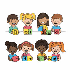 Cheerful Flat Illustration of Diverse Kids Playing with Alphabet Blocks